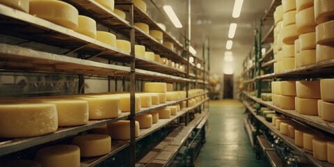 Cheese Aging Room: Rows of Ripening Wheels in Dairy Storage