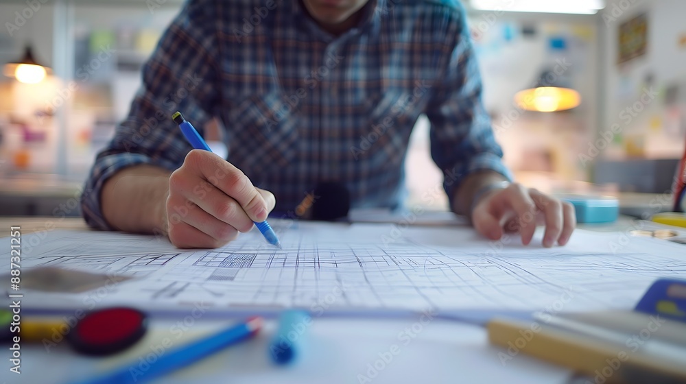 Poster - an engineer working on a blueprint in an office, with a focus on design and technical details