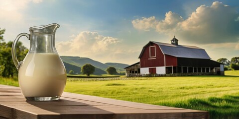 Fresh Milk on a Farm Table with Scenic Barn and Rolling Hills