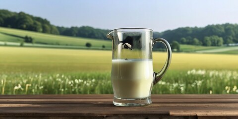 Fresh Milk on a Farm Table with Scenic Barn and Rolling Hills