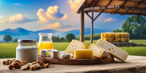 Rustic Dairy Farm with Assorted Cheeses and Fresh Milk