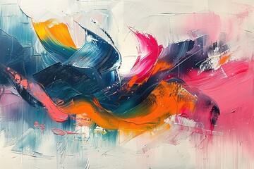 A painting of a colorful wave with blue, green, and orange splatters