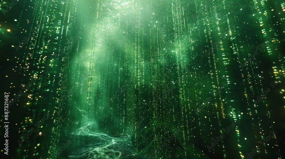 Poster matrix-inspired abstract ocean with cascading green code and floating holographic fish