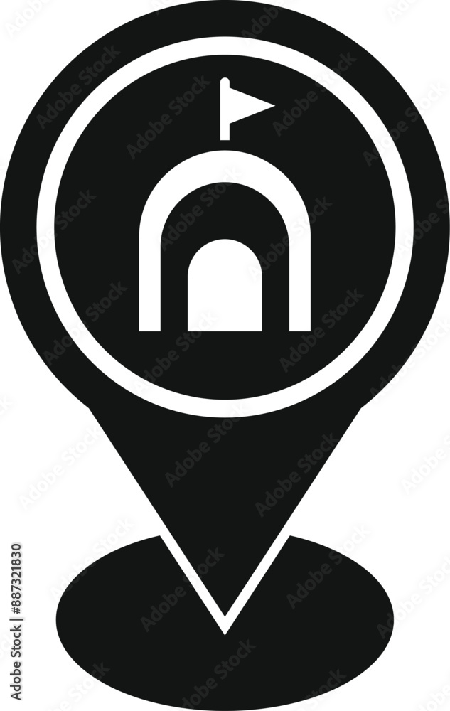 Poster simple black and white icon of a map pointer showing the location of a castle
