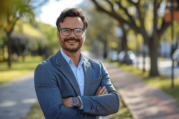 Fototapeta premium Confident Young Businessman with Arms Crossed Smiling in City Street