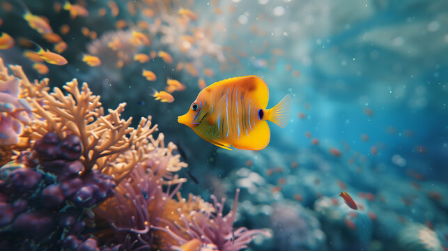 
Yellow glass fish in the ocean Below is a beautiful coral reef. The water was blue and the sun was shining on it. Yellow glassfish