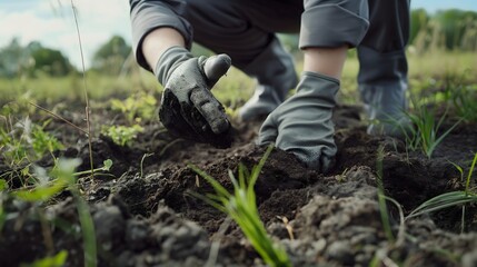 - An environmental scientist collecting soil samples in a field, with a focus on nature and research