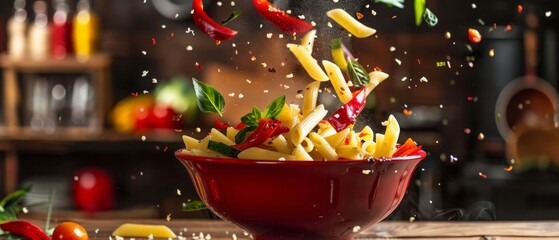 Dynamic Shot of Pasta Tossed in Air with Fresh Ingredients