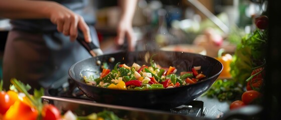 Chef Stir-Frying Vegetables in Flaming Pan