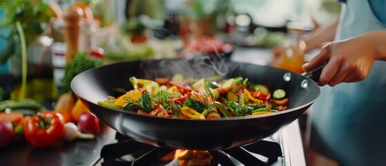 Chef Stir-Frying Vegetables in Flaming Pan