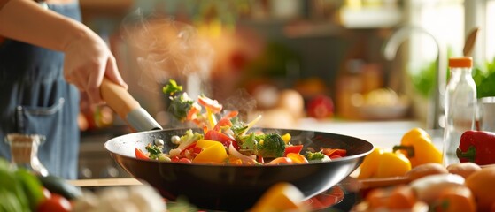 Chef Stir-Frying Vegetables in Flaming Pan