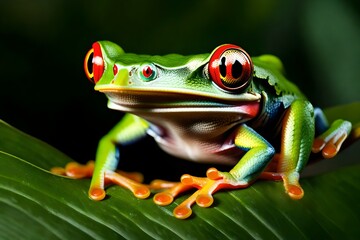 Fototapeta premium Portrait of a Red-eyed tree frog (Agalychnis callidrya) on a leaf, Indonesia