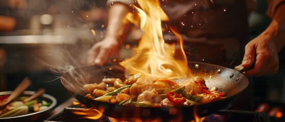 Chef Stir-Frying Vegetables in Flaming Pan