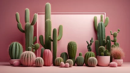 3D realistic cactus border frame pink background empty space text © Debby Studio