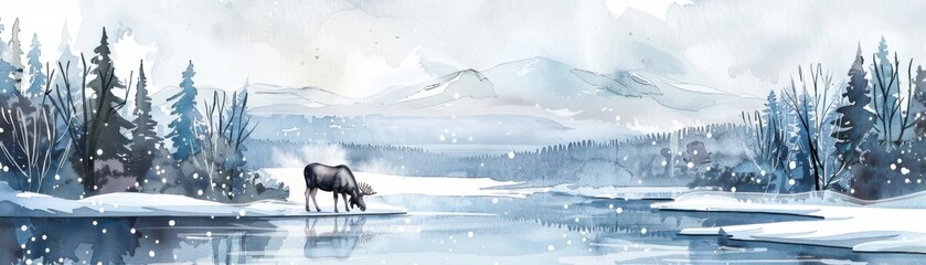 Winter landscape with a peaceful lake, snowy trees, and a moose drinking from the water under a cloudy sky.