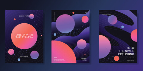 Planet and galaxy Space card vector set. Solar system with galaxy planets, asteroids, jupiter, saturn, mars, moon, ring line solar. Cosmic design for flyer, brochure, background, poster, cover. © babeer