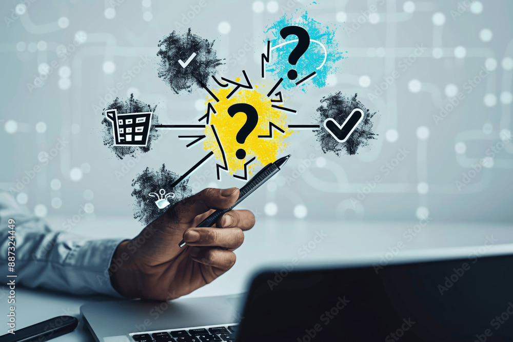 Poster businessman approving checklist on laptop using pen for quality document control and project approva