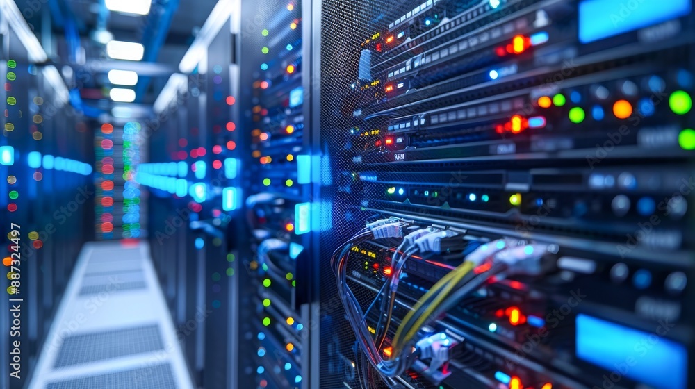Poster organized server room with labeled racks, tidy cabling, and powerful backup systems ensuring reliabl