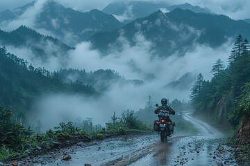 Fototapeta premium A man is riding a motorcycle on a wet road in the mountains