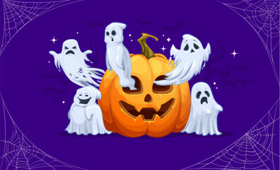 Halloween cartoon ghosts and pumpkin. Vector funny characters ready for trick or treat party. Spooks floating around jack-o-lantern on purple background with tree silhouettes, sparks and cobweb frame