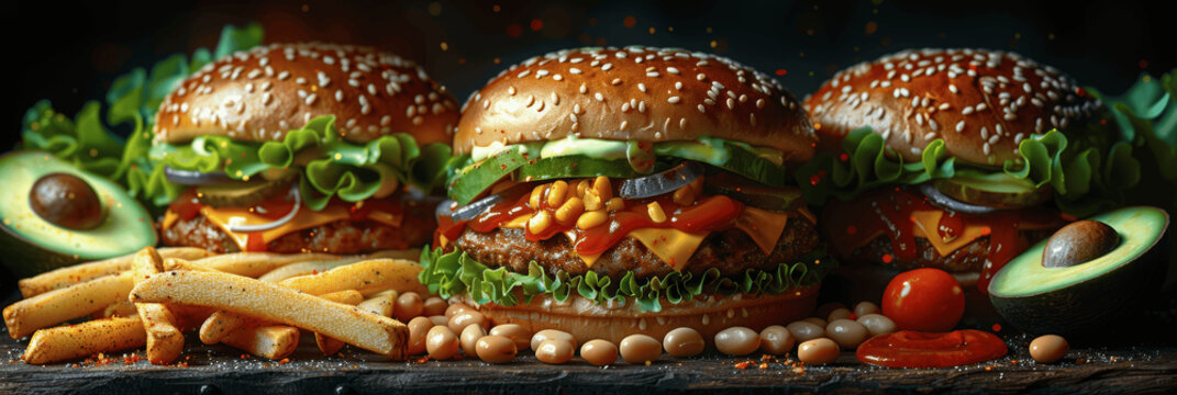 Fast Food Fantasy: Colorful Snake Wrapped Around Burger and Fries, Avocado, Beans, Tomato Sauce, Neon Lights, Detailed High Resolution