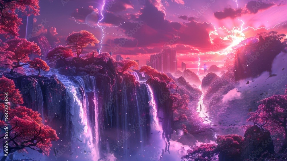 Poster otherworldly landscape with floating islands and waterfalls cascading into a void, bathed in neon li