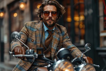 A man in a plaid jacket and sunglasses is riding a motorcycle