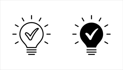 Light bulb with tick icon in flat style. Lightbulb with check, successful idea symbol vector illustration on white background