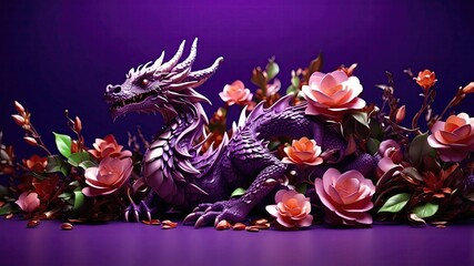 3D realistic dragon flower in purple background with empty space text