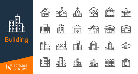 Building thin line icons. Editable stroke. Pixel perfect.