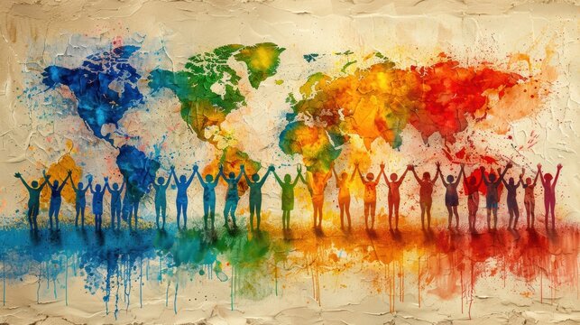 A bright and festive Friendship Day banner with images of friends linking arms around the world, promoting global friendship