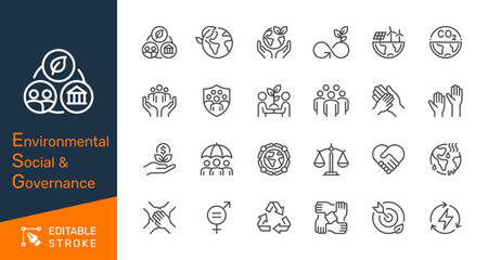 Environmental Social Governance thin line icons. Editable stroke. Pixel perfect.