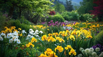 Obraz premium Flowers in a garden with yellow irises charming spring backdrop