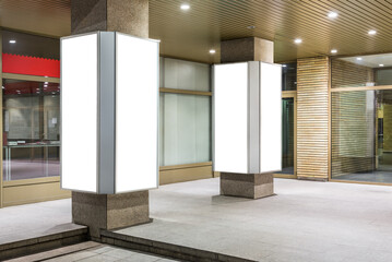 Mockup Of Two Vertical Advertising Poster Lightboxes In City Space At Night