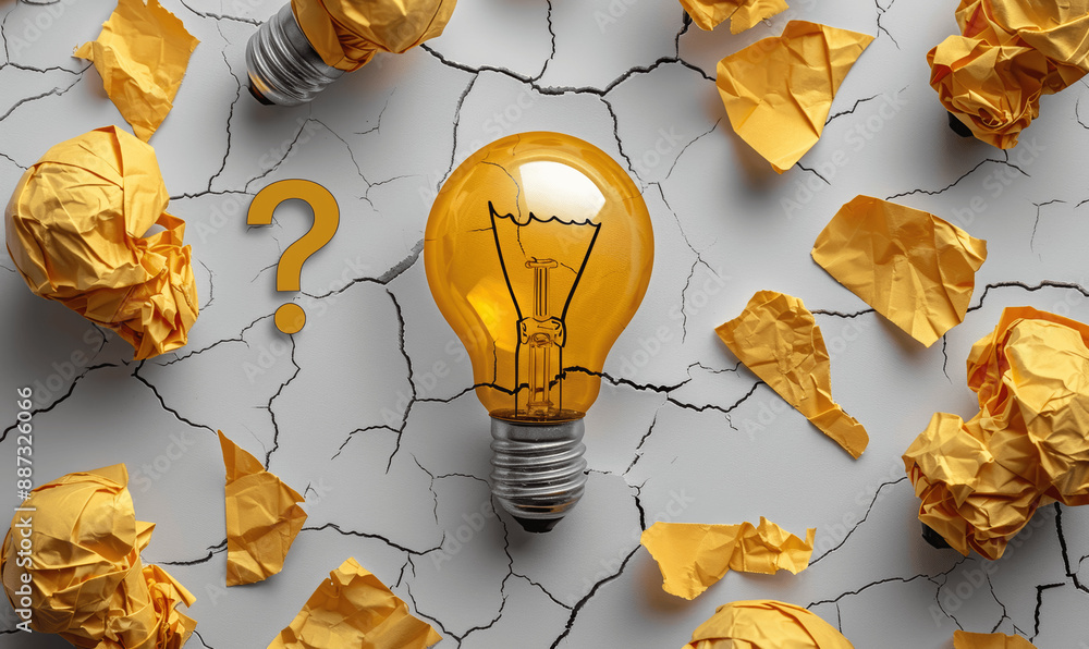Poster creative thinking concept with lightbulb drawing on torn paper and question marks