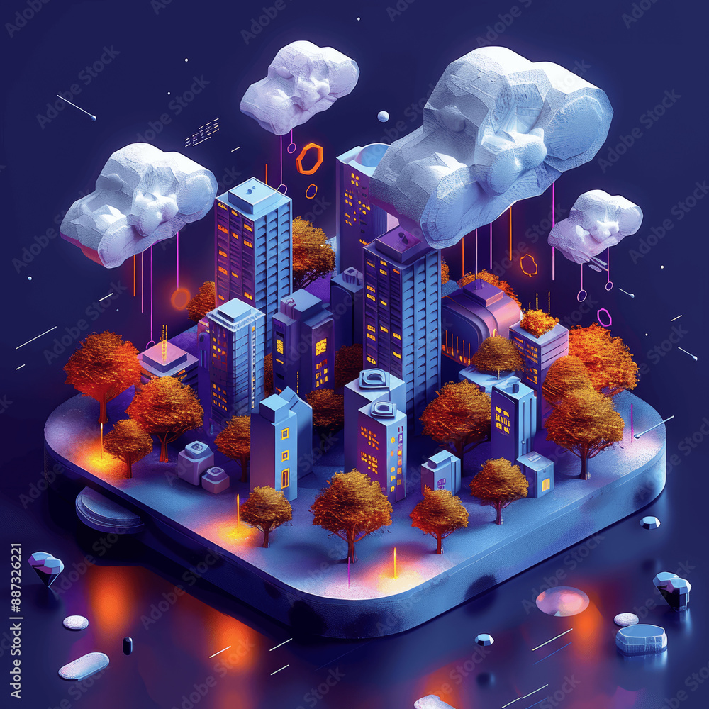 Poster 3d isometric cloud computing illustration with city in the clouds and trees in low poly style
