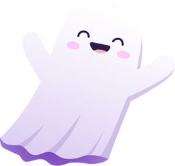 Halloween kawaii ghost character. Cartoon cute vector spook floating in the air with a big smile, and playful expression, adds charming touch to spooky season. Sweet, funny spirit, adorable personage