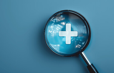 Obraz premium 3D Render of White Plus Sign in Magnifying Glass for Medical and Healthcare Concepts, High Resolution and Detailed Visual