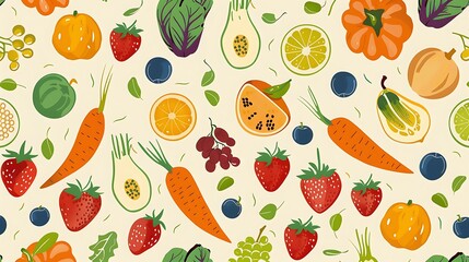 Obraz premium Colorful Fruit and Vegetable Seamless Pattern