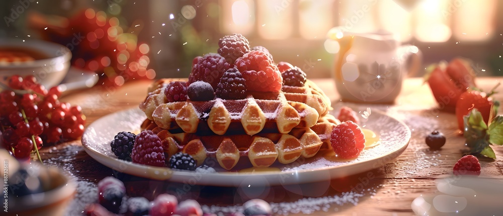 Wall mural delicious waffles with berries and powdered sugar.