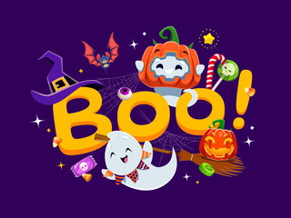 Halloween boo banner with cute kawaii ghosts and holiday sweets. October horror party, Happy Halloween celebration or fall season holiday vector backdrop with funny ghosts characters, candies and bat