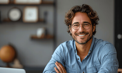Fototapeta premium Handsome Smiling Man in Blue Shirt and Glasses Using Laptop on Gray Background with Copy Space