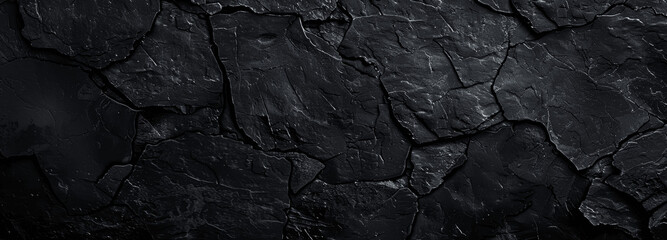 Black rock texture background. Dark stone surface with rough texture. High detail photography. Panoramic wide black abstract backdrop for design.