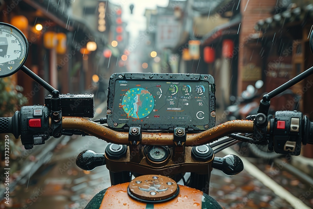 Poster a motorcycle with a screen on the handlebars showing the time and weather