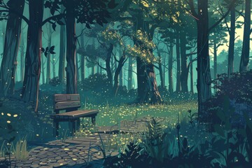 A forest trail with sunlight breaking through the canopy. A person plays a flute, Cozy vibe, Generative AI