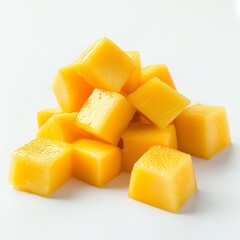 Mango cut into cubes, close-up, isolated white background, bright lighting, sharp focus, macro photography