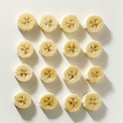 Sliced banana arranged neatly, close-up, white background, crisp lighting, high detail, studio shot