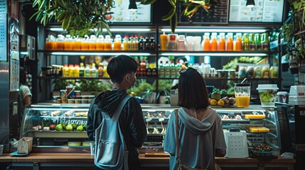 Obraz premium Ultra-clear picture of two individuals ordering at a juice bar