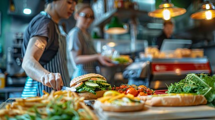 Detailed photo of two friends making an order at a sandwich shop