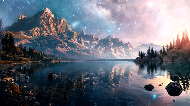 Cosmic Choreography: A Captivating Dance of Lake, Peaks, and Celestial Wonders. Seamless looping time-lapse virtual 4k video animation background